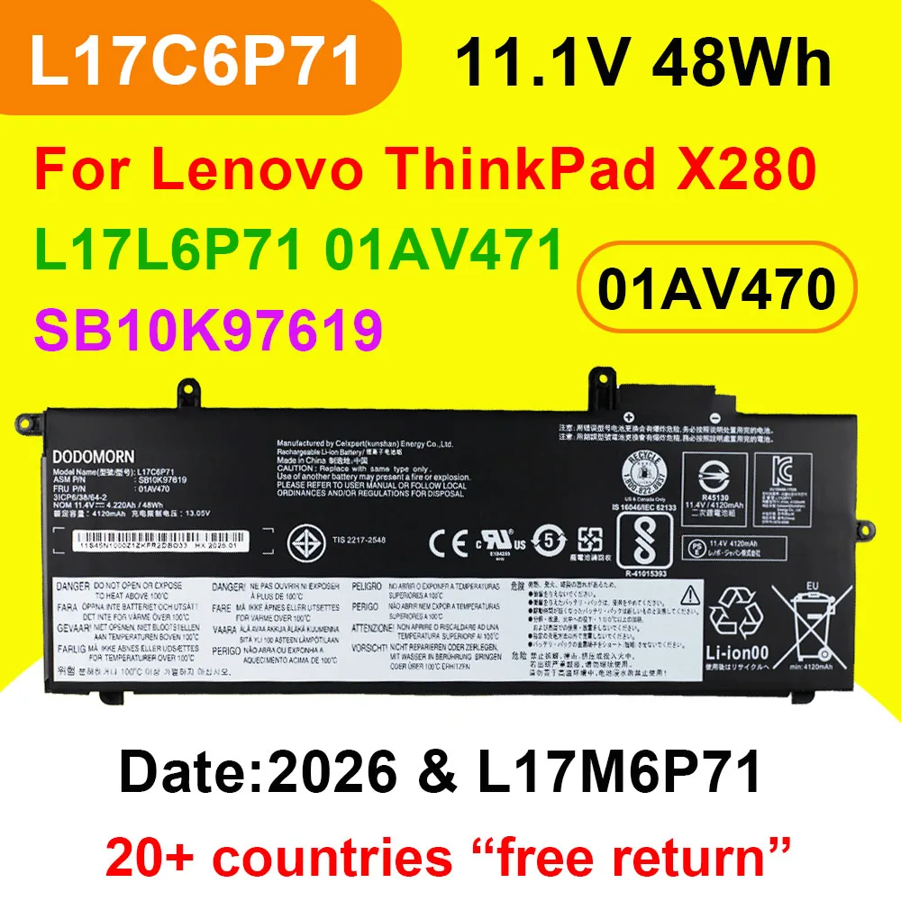 DODOMORN 11.4V 48Wh Laptop Battery L17C6P71 01AV470 For ThinkPad X280 Series 01AV471 L17M6P71 L17L6P71 SB10K97617 SB10K97619 OEM