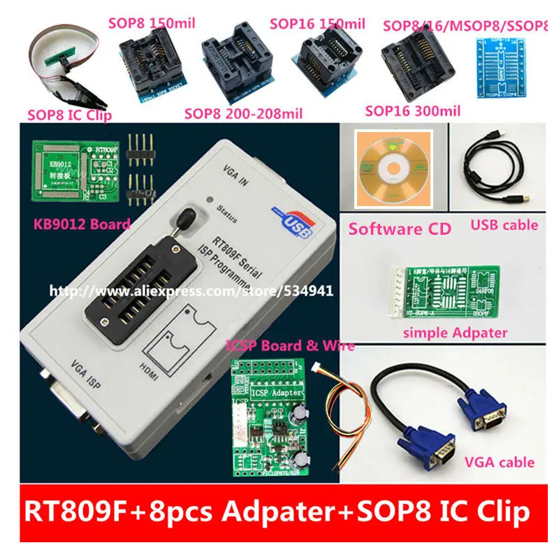 Newest RT809F LCD ISP programmer with 8 adapters +sop8 IC test clip + ICSP board /ISP cable