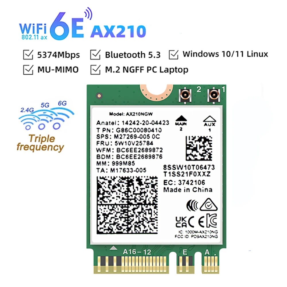 WiFi 6E AX210 Bluetooth 5.3 M.2 Wireless Card For Intel AX210NGW 2.4Ghz 5Ghz 6Ghz 5374Mbps 802.11ax