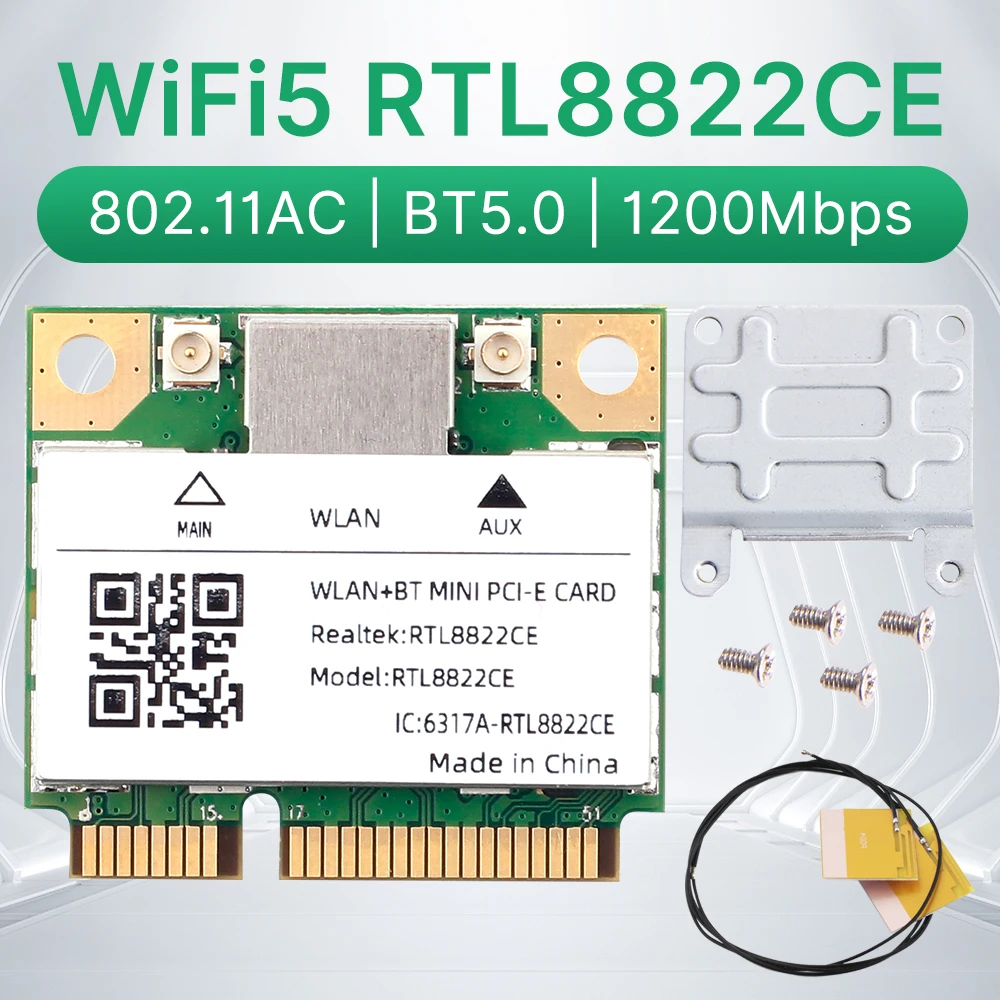 RTL8822CE WiFi 5 BT5.0 Mini Pcie Wireless Wifi Card 1200Mbps Network Adapter Dual Band 2.4GHz/5GHz 802.11ac