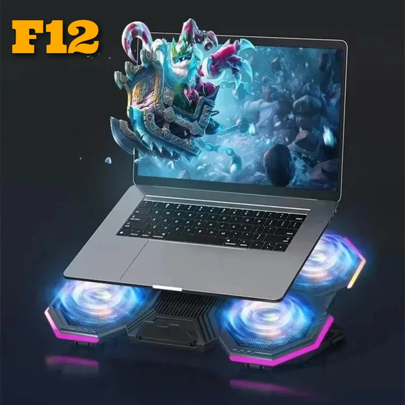 F12 Laptop Gaming Air-cooled Cooler with Cellphone Holder RGB Light 6 Cooling Fans