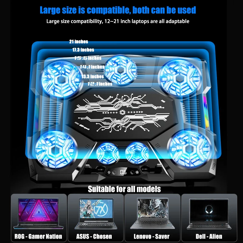 Gaming Laptop Cooling Pad 5-Position Adjustable Folding LED for 12.1-inch - 21-inch Laptops