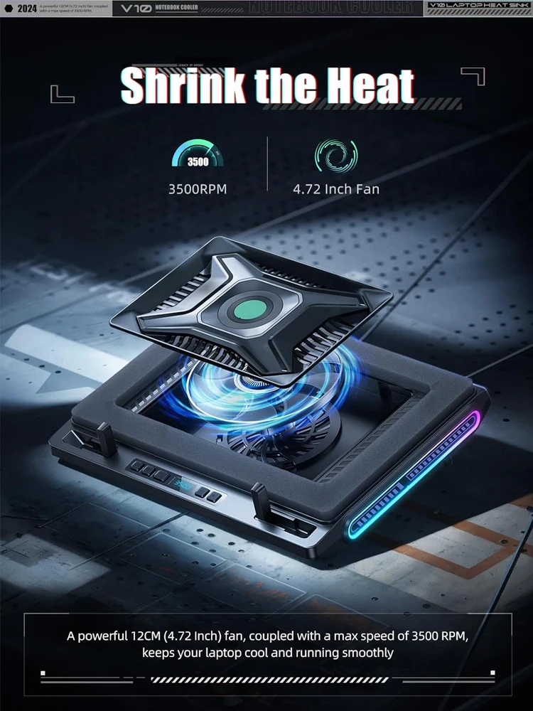 V10 V12 RGB Laptop Cooler Stand with 4.72-Inch Powerful External Turbo Cooling Fan Quickly Cools for 13-17.3-Inch