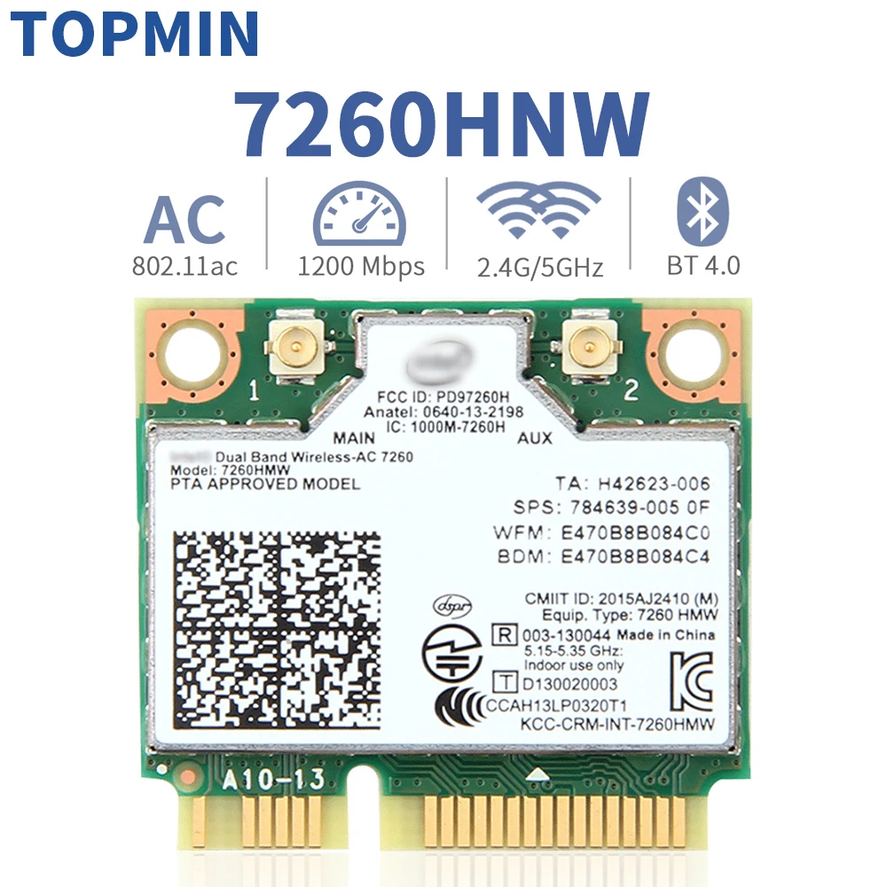 Wireless Network Card For 7260 7260HMW Mini PCI-E 7260 Dual Band 2.4G/5Ghz Wlan Wifi Bluetooth 4.0 802.11ac/a/b/g