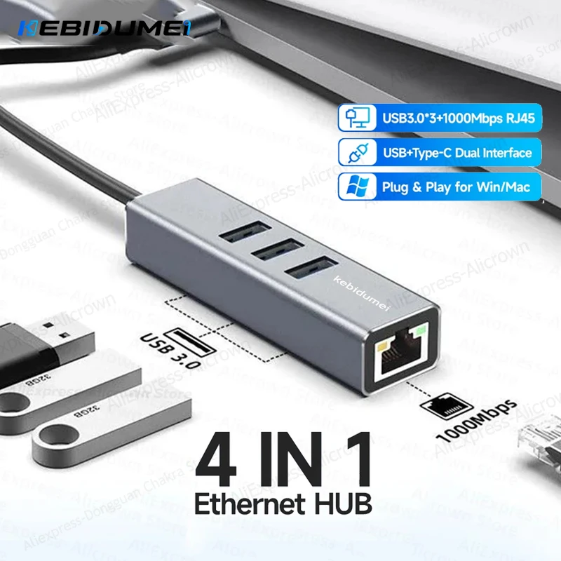 KEBIDUMEI 1000Mbps Wired Network Card 3 Ports USB 3.0 HUB USB to Rj45