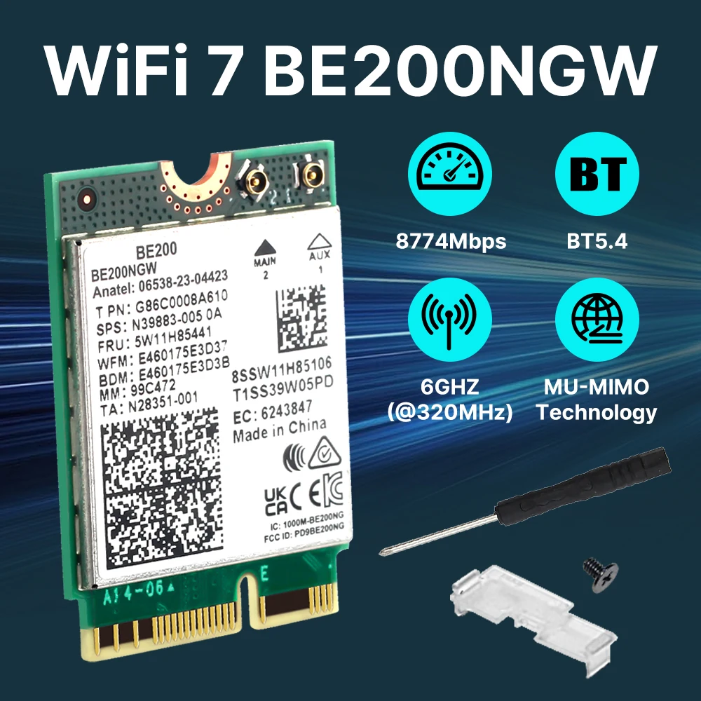 WiFi 7 BE200 M.2 Key E WiFi Card BT5.4 BE200NGW 2.4/ 5/ 6 GHz 8774Mbps