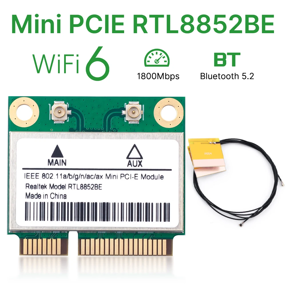 Mini PCIE WiFi 6 RTL8852BE 1800Mbps BT5.2 WiFi Card 802.11AX 2.4G/5GHz