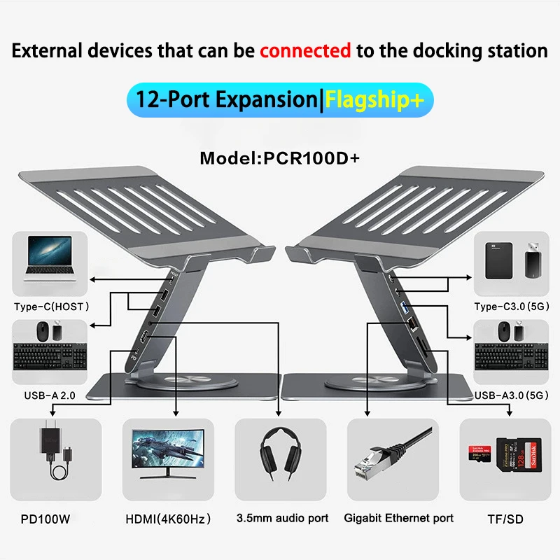 Aluminum alloy tablet laptop stand with 12-port docking station can be lifted 360 rotating 4K HDMl-Compatible cast screen