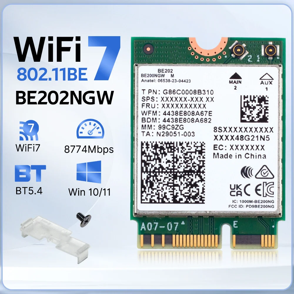 WiFi 7 for BE202 Network Card M.2 Bluetooth 5.4 2400Mbps Tri-Band 2.4G/5G/6GHz BE202NGW