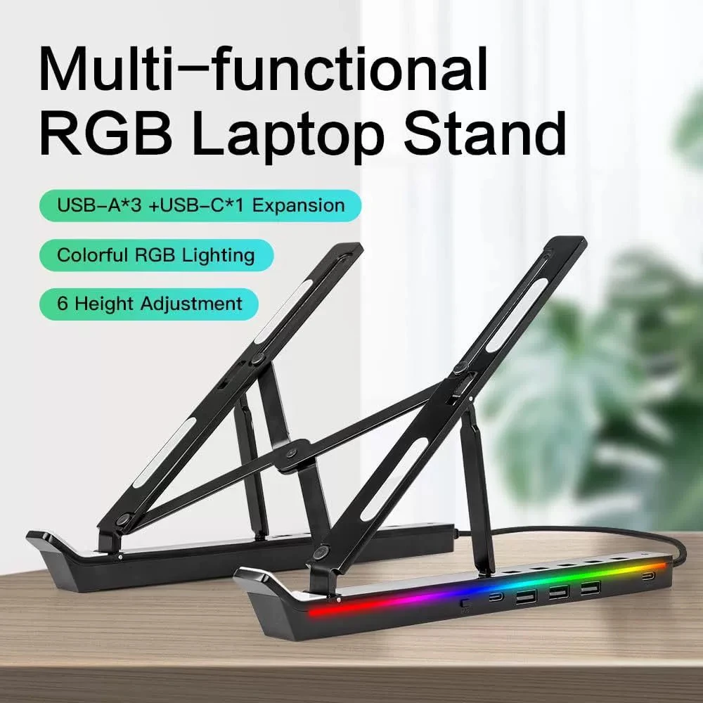 Eswirepro Aluminum Alloy Universal Laptop Stand Folding Heat Dissipation RGB Tablet Stand With USB HUB 3 USB Ports 2 USB-C Ports