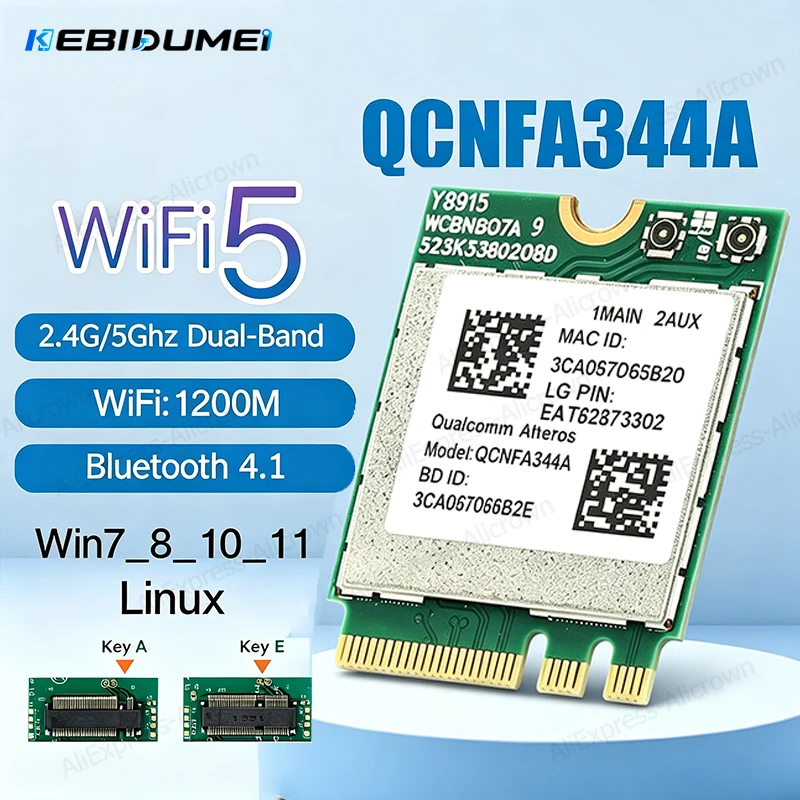 KEBIDUMEI QCNFA344A Wifi Card WiFi 5 1200Mbps Bluetooth 4.1 M.2 Network Card 802.11AC 2.4G/5G
