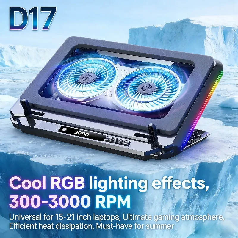 D17 5 Angles Adjustable Bracket Cooler with RGB Colorful Light Heat Dissipation Stand 15-21''