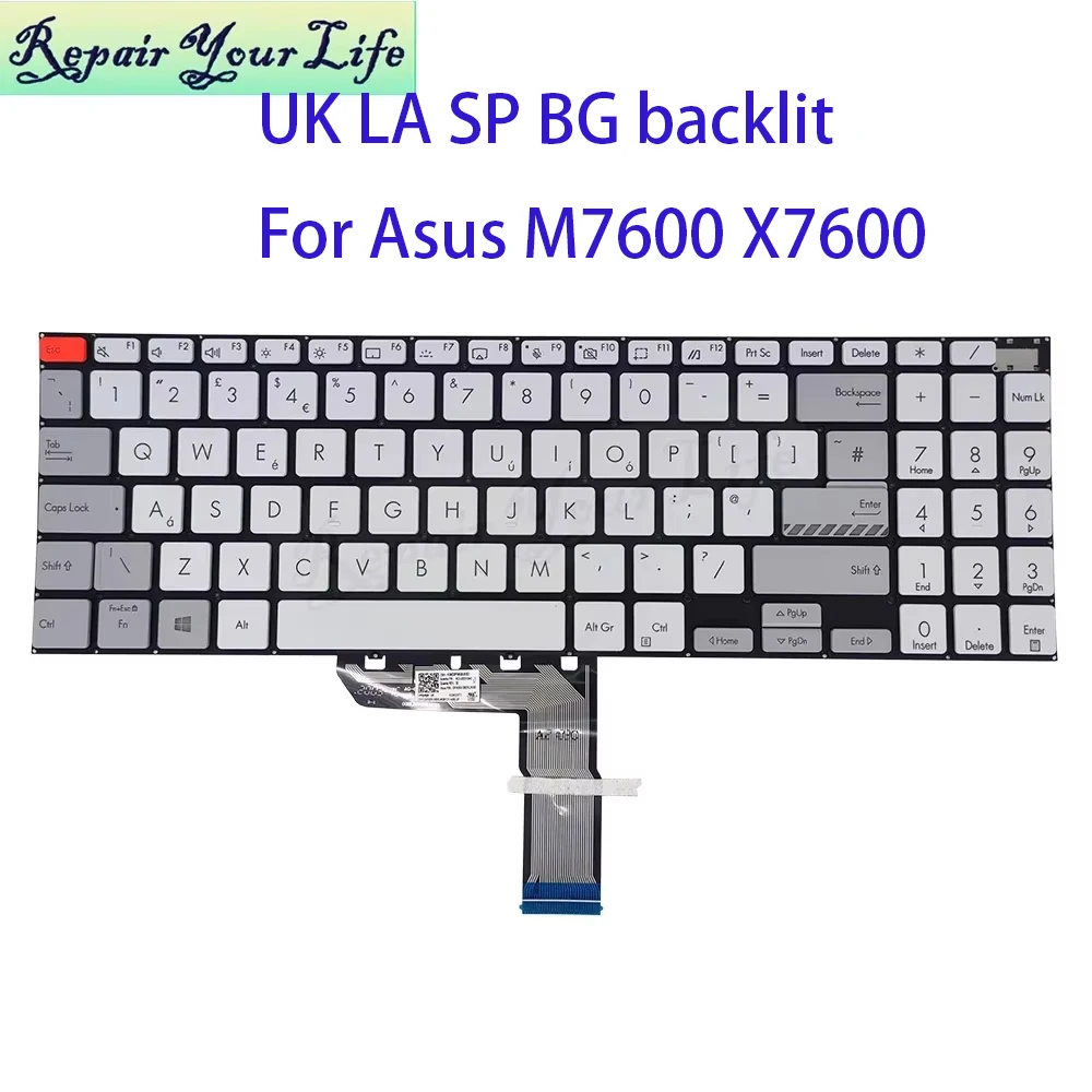 UK Bulgaria Keyboard Backlight For ASUS Vivobook Pro X7600 N7600 M7600 M7600QA M7600QC Backlight 0KNB0-560XUK00
