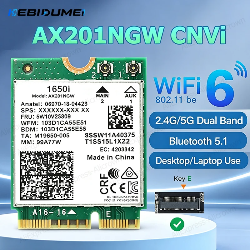 KEBIDUMEI M.2 CNVI Network Card AX201NGW 3000Mbps BT5.1 Dual Band 2.4G 5G WiFi Card 9560NGW 2000M CNVio2