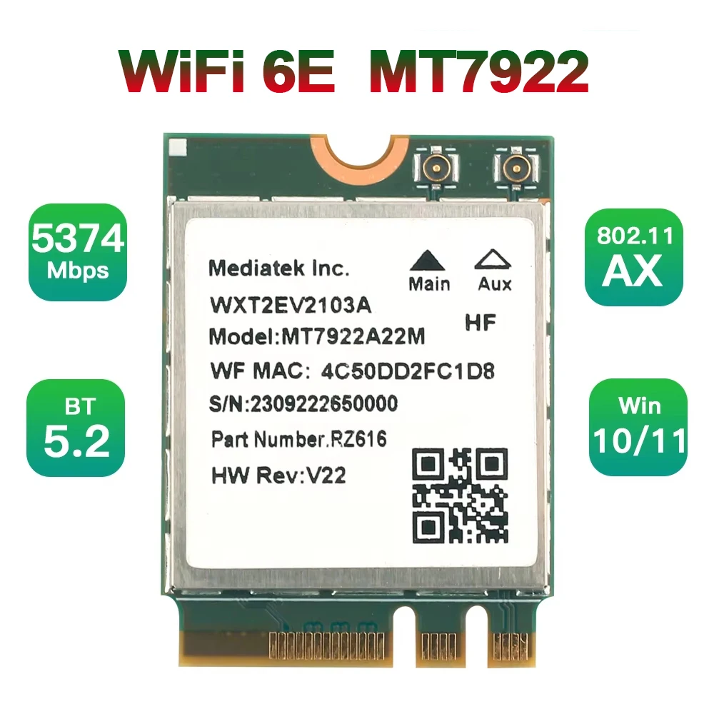 WiFi 6E MT7922 M.2 Wireless Card 5374Mbps BT 5.2 Tri Band 2.4G/5G/6Ghz Network Adapter 802.11AX