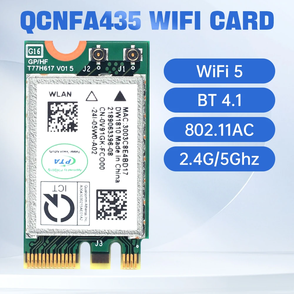 QCNFA435 Wireless Adapter Card QCA9377 Wi-Fi 5 Bluetooth 4.1 433Mbps 802.11AC M.2 NGFF Dual Band 2.4G/5GHz